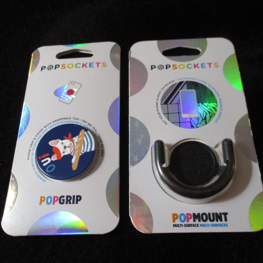 Set of Pop Socket French Bread Bulldog Grip and Pop Mount Oui! NEW